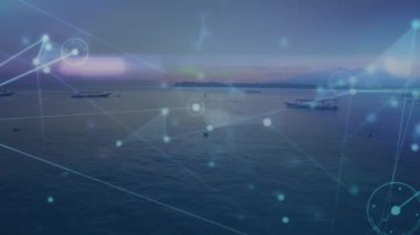 Arka planda deniz manzarası üzerinden bağlantı ağının animasyonu. küresel bağlantılar, veri işleme ve dijital arayüz konsepti dijital olarak oluşturulmuş video.