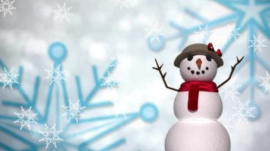 Beyaz arka planda kar adamın üzerine düşen kar tanelerinin animasyonu. Noel, gelenek ve kutlama konsepti dijital olarak oluşturuldu.