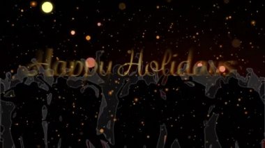 Mutlu bayramlar mesajı ve siyah arka planda dans eden insanların silueti üzerinde turuncu noktalar. Noel şenliği ve yeni yıl kutlaması konsepti