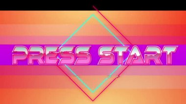 Renkli arkaplan üzerinde basın başlangıç metninin canlandırması. Video oyunu, eğlence ve dijital arayüz kavramı dijital olarak oluşturuldu.