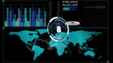 Siyah arkaplandaki veri işlemesi için geri sayımla birlikte tarama alanının animasyonu. küresel hesaplama, veri işleme, bağlantılar ve dijital arayüz konsepti dijital olarak oluşturulmuş video.