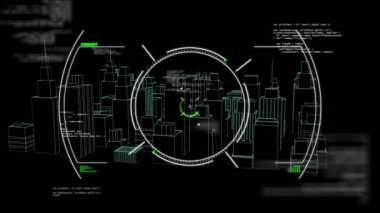 Tarama kapsamının 3 boyutlu şehir manzarası üzerinde animasyonu. küresel bağlantılar, veri işleme ve dijital arayüz konsepti dijital olarak oluşturulmuş video.