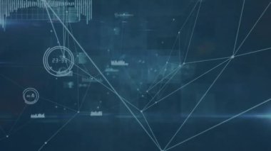 Arkaplanda peyzaj üzerine kaydedilen istatistiklerle bağlantı ağının animasyonu. küresel bağlantılar, veri işleme ve dijital arayüz konsepti dijital olarak oluşturulmuş video.