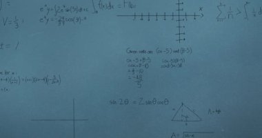 Mavi arkaplan üzerinde matematiksel denklemlerin animasyonu. küresel eğitim, bağlantılar, veri işleme ve teknoloji konsepti dijital olarak oluşturulmuş video.