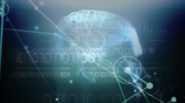 Mavi arka planda insan kafası modeli ve ikili kodlama veri işleme ağı. tıbbi araştırma ve bilim teknolojisi kavramı
