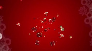 Noel şekerlerine, mücevherlere ve kırmızı arka plana düşen hediye ikonlarına karşı kar taneleri. Noel şenliği ve kutlama konsepti