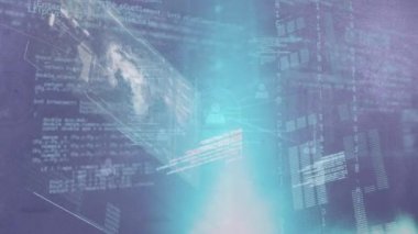 Bağlantı ağı üzerinden ekranda istatistik ve veri işleme animasyonu. küresel bağlantılar, dijital arayüz ve dijital olarak oluşturulmuş video işleme konsepti.