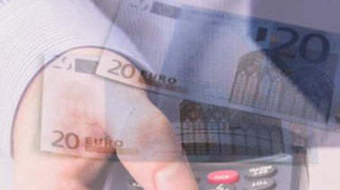 Avro banknotlarının animasyonu, elinde ödeme terminali bulunan beyaz adamın eline düşüyor. finans, para, nakit ödeme yok güvenlik dijital video oluşturuldu.
