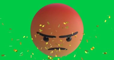 Yeşil ekran arka planında kızgın emoji simgesi üzerine düşen konfeti animasyonu. Dijital ortamda oluşturulan sosyal medya, iletişim ve kutlama konsepti.