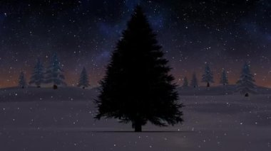 Köknar ağaçları ve kış manzarasının üzerine düşen kar animasyonu. Noel, gelenek ve kutlama konsepti dijital olarak oluşturuldu.