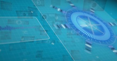 Veri işleme ile tarama ve hareket eden ekranların animasyonu. küresel bağlantılar, veri işleme ve dijital arayüz konsepti dijital olarak oluşturulmuş video.