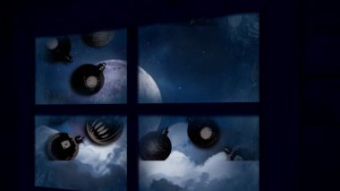 Noel Baba 'nın Noel Baba' yla Noel Baba 'nın Noel' de pencereden görülen ren geyiğinin canlandırması. Noel, gelenek ve kutlama konsepti dijital olarak oluşturuldu.