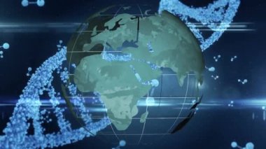 DNA iplikçiklerinin ve moleküllerin dünya üzerinde dönüşünün animasyonu. Bilim ve veri işleme kavramı dijital olarak oluşturulmuş video.