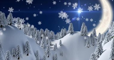 Kış manzarasına düşen karların animasyonu Noel 'de ağaçlarla birlikte. Noel, gelenek ve kutlama konsepti dijital olarak oluşturuldu.