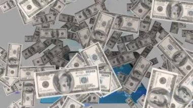 Banka kartının üzerinde yüzen dolarların animasyonu ve arka plandaki veri işlemesi. küresel finans, para ve nakit ödeme yok güvenlik konsepti dijital olarak oluşturulmuş video.