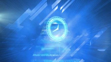 Siyah arkaplanda mavi şekiller üzerinde hareket eden saat ve veri işleme animasyonu. küresel bağlantılar, teknoloji, veri işleme ve dijital arayüz konsepti dijital olarak oluşturulmuş video.