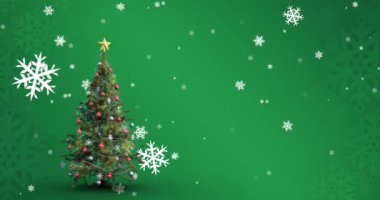 Yılbaşı ağacı üzerine düşen kar tanelerinin animasyonu. Noel, gelenek ve kutlama konsepti dijital olarak oluşturuldu.