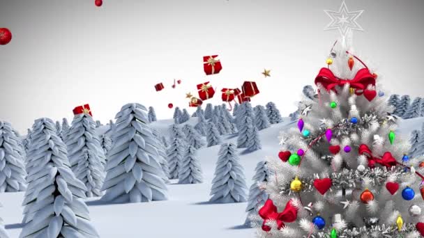 Christmas Tree Winter Landscape Christmas Concept Icons Falling Grey Background — Stock Video