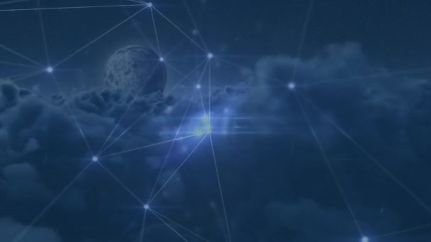 背景に雲の上の接続のネットワークのアニメーション 世界規模の接続 データ処理 デジタルインターフェースの概念デジタル生成ビデオ — ストック動画