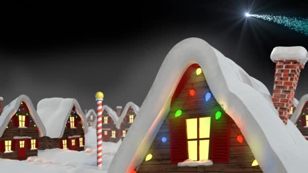 Animation Winter Scenery Decorated Houses Black Background Christmas Winter Tradition — Stock Video