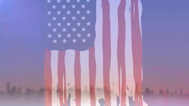 Amerikan Bayrağı Şehir Manzarası Üzerinde Mutlu Columbus Günü Metni Animasyonu — Stok video