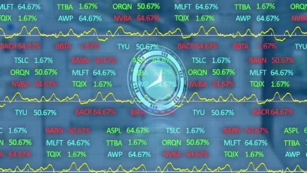 Animación Reloj Movimiento Procesamiento Datos Financieros Sobre Fondo Azul Tiempo — Vídeos de Stock