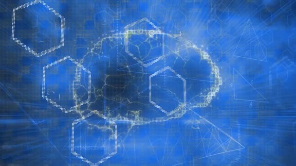青い背景にコンピュータ回路基板とデジタル人間の脳を持つ南京錠のアニメーション 世界規模の接続 データ処理 デジタルインターフェースの概念がデジタルで生成されたビデオ — ストック動画