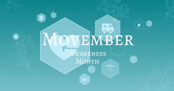 Animación Del Mes Concienciación Movember Texto Sobre Iconos Médicos Hexágonos — Vídeo de stock