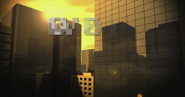Animáció Wow Szöveg Fehér Betűkkel Városkép Háttér Videojáték Digitális Interfész — Stock videók