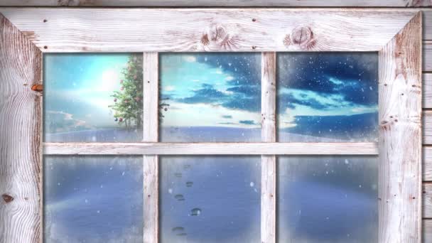 Animation Snow Falling Christmas Tree Winter Scenery Seen Window Christmas — Stock Video