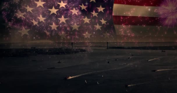 橋と海のヴィンテージ写真の上にアメリカの統一された州の旗の構成 愛国心独立お祝いのコンセプトデジタルで生成されたビデオ — ストック動画
