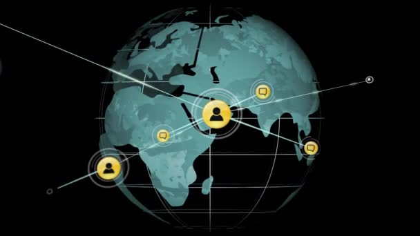 Animacja Sieci Połączeń Ikonami Globie Czarnym Tle Globalne Sieci Koncepcja — Wideo stockowe