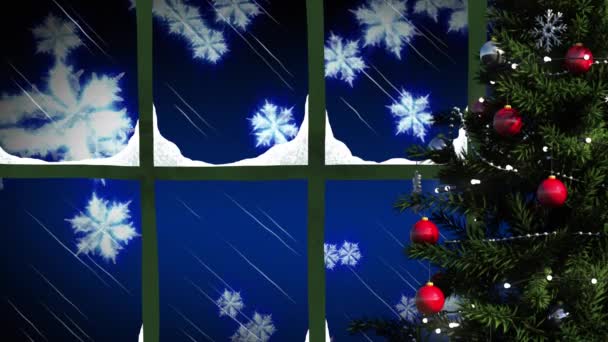 Weihnachtsbaum Und Fensterrahmen Über Vor Blauem Hintergrund Schwebenden Schneeflocken Weihnachtsfeier — Stockvideo