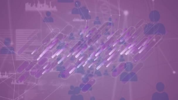 Анімація Фіолетових Фігур Над Цифровими Даними Мережа Язків Фіолетовому Фоні — стокове відео