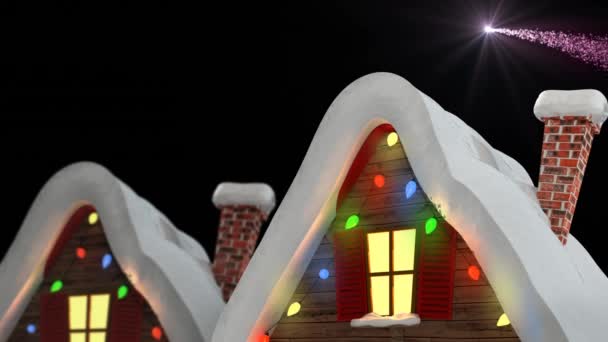 黒を背景に装飾された家と冬の風景のアニメーション クリスマス 伝統とお祝いのコンセプトデジタルで生成されたビデオ — ストック動画