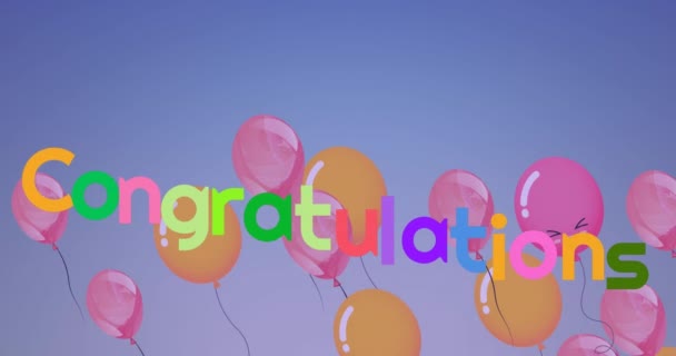 Animation Flytande Färgglada Ballonger Och Gratulationer Blå Bakgrund Seger Festlighet — Stockvideo