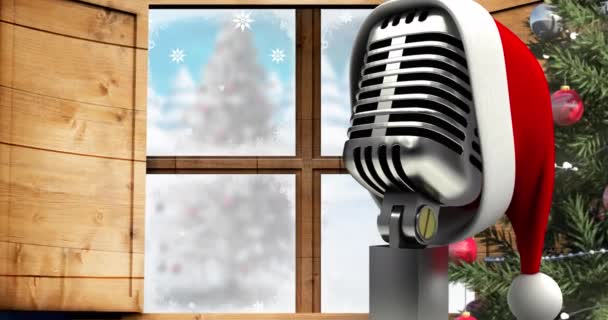 Animatie Van Retro Microfoon Winterlandschap Kerstmis Winter Traditie Viering Concept — Stockvideo