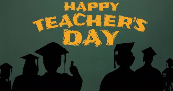 Animace Šťastných Učitelů Den Text Přes Siluety Studentů Školní Vzdělávací — Stock video