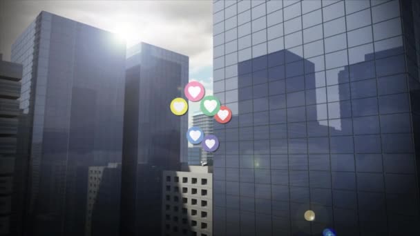 Анімація Соціальних Медіа Любить Ікони Серця Над Міським Пейзажем Глобальні — стокове відео
