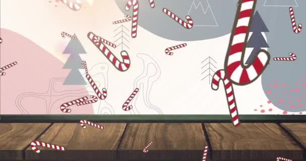 Анімація Цукерок Падають Над Деревами Білому Тлі Різдво Традиція Концепція — стокове відео