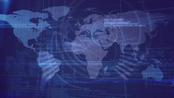 蓝色背景下的财务数据处理和世界地图动画 全球商业 连接和数字视频接口概念 — 图库视频影像