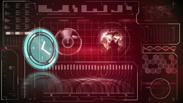 Animation Der Sich Schnell Bewegenden Uhr Und Datenverarbeitung Mit Globus — Stockvideo