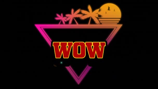 Animación Wow Text Letras Rojas Sobre Atardecer Tropical Con Palmeras — Vídeos de Stock