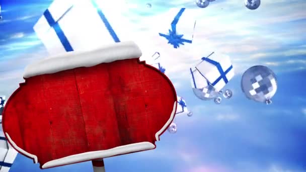 Red Wooden Sign Post Multiple Christmas Gift Icons Floating Clouds — Stock Video