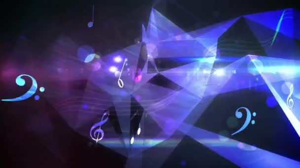 Vlekken Licht Plexus Netwerken Muzikale Symbolen Zweven Tegen Zwarte Achtergrond — Stockvideo