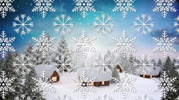 冬の風景の上に落ちる雪に対してシームレスなパターンで雪のアイコンをフレーク クリスマス フェスティバルとお祝いのコンセプト — ストック動画