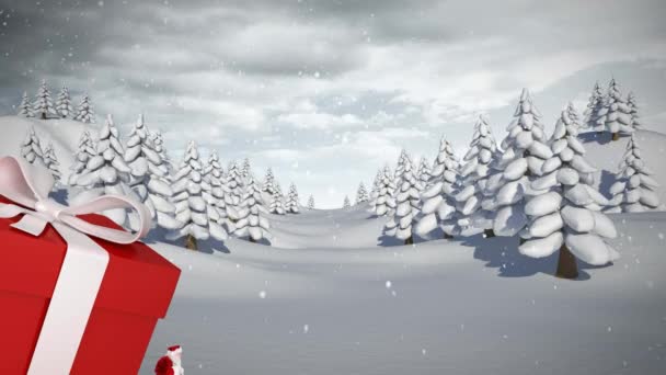 Animación Nieve Cayendo Sobre Regalo Navidad Paisaje Invierno Navidad Invierno — Vídeo de stock