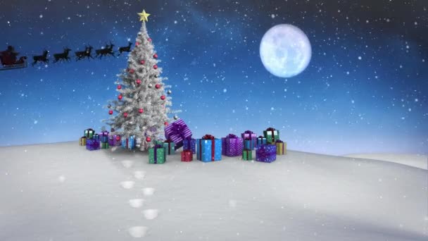 在降雪 圣诞树和冬季风景上 雪橇上的桑塔爪的动画 圣诞节 传统和庆祝概念数字制作的视频 — 图库视频影像