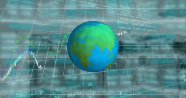 Girando Icono Globo Sobre Mercado Valores Procesamiento Datos Financieros Contra — Vídeo de stock