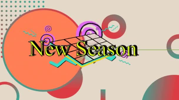 Animation Des Textes Der Neuen Saison Über Bunten Geometrischen Formen — Stockvideo